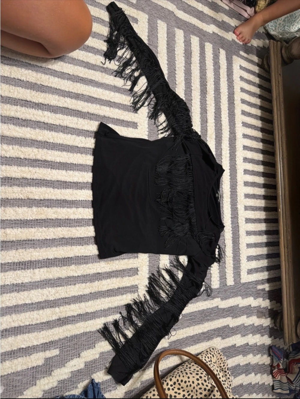 Fringe One-Shoulder Black Women's Top